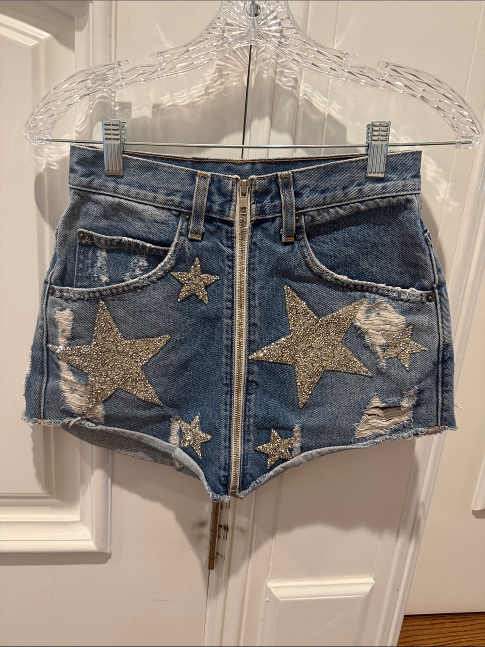 Carmar Blue Denim High-Waist Star Patch Shorts